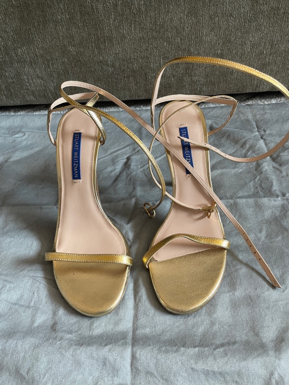Stuart Weitzman Merinda Metallic Gold Strappy Ankle-Tie Sandals